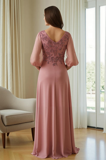 Robe de mère de la mariée en mousseline de soie rose poussiéreuse avec appliques